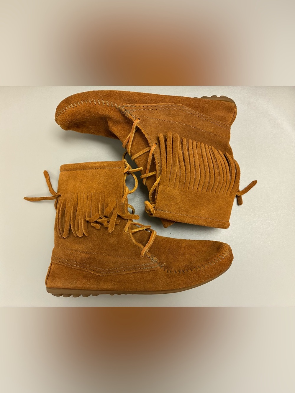 Minnetonka Fringe Brown Leather Moccasins Boots Size 7